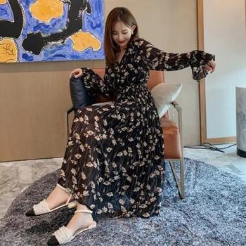 

Women Chiffon Dress 2020 Spring Autumn Female Vintage Long Sleeve V-neck Printed Floral A-line Pleated Dresses Casual Vestidos