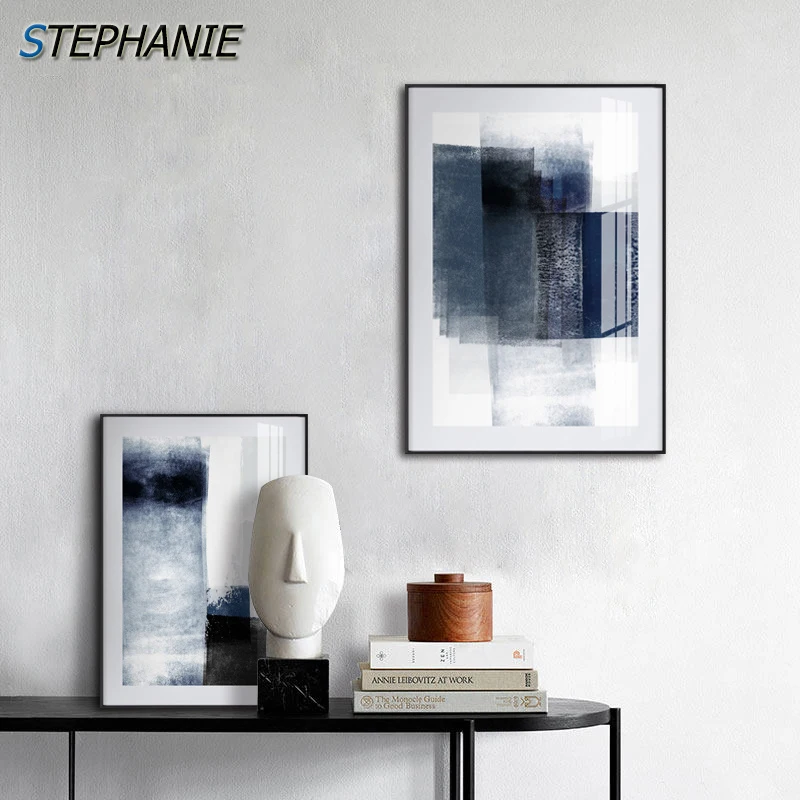 

Scandinavian Blue Canvas Painting Abstract Black White Simplicity Poster Print Modern Wall Art Picture for Living Room Bedroom