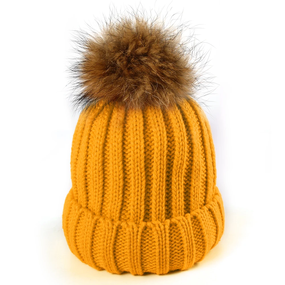 Женская зимняя теплая вязаная шапка с натуральным мехом енота, теплая шапка, десять цветов - Цвет: Yellow