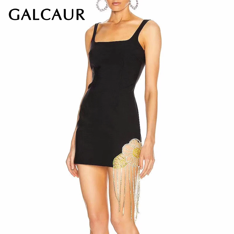GALCAUR Slim Dress Women Square Collar Sling Sleeveless Off Shoulder High Waist Diamonds Tassel Dresses Female Summer casual new | Женская
