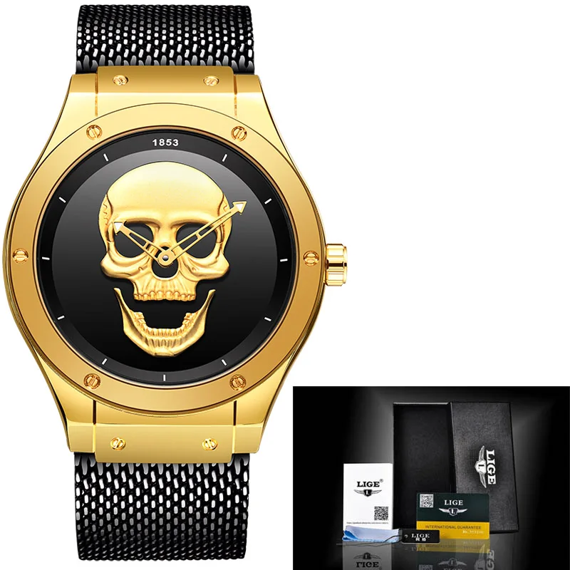 Мужские часы LIGE с 3D черепом, новые модные брендовые Роскошные водонепроницаемые силиконовый мужские часы, кварцевые часы, Креативные мужские часы - Цвет: Rose Gold Black M