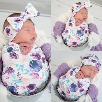 

Cotton Swaddle Muslin Blanket Newborn Baby Floral Wrap Swaddling Blanket 3Pcs