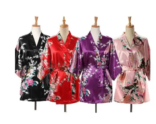 Kimono japonais imprimé paon à lacets pour femme, Yukata, en Satin de soie, Style court, vêtements de nuit, chemise de nuit pour la maison, Robe de bain, Costume