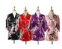 Lace Up Woman Peacock Print Japanese Kimono Yukata Silk Satin Short Style Sleepwear Home Nightgown Bath Robe Costume
