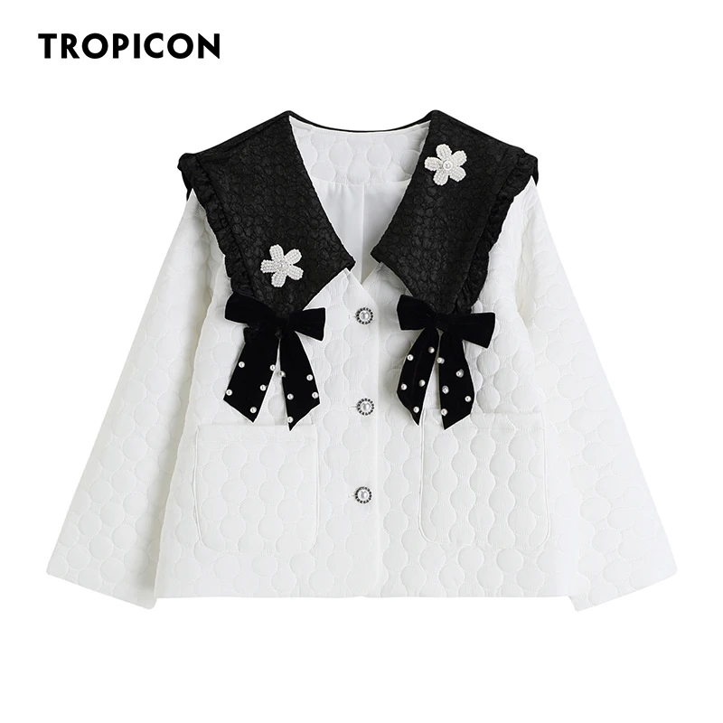 

TROPICON Vintage Sailor Collar Quilted Jacket Women White Beading Winter Coat Luxury Button Up Designer Coat And Jacket 2022