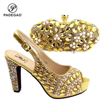 

Comfortable Heels Sandals with Matching Bag for Woman Italian Shoes and Bag Set High Quality Nigerian Wedding Shoes in Gold