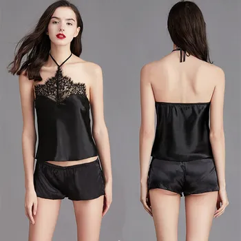 

Sexy Women Pajamas Sets Mujer Sleepwear Lady Silk Lingerie Black Women Christmas Pajamas Silk Nightgown Home Clothes Sleep Tops