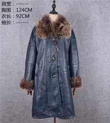 2019 зимнее модное женское кожаное шерстяное пальто из овчины с лисьим меховым воротником, теплая одежда для женщин синего цвета, большие