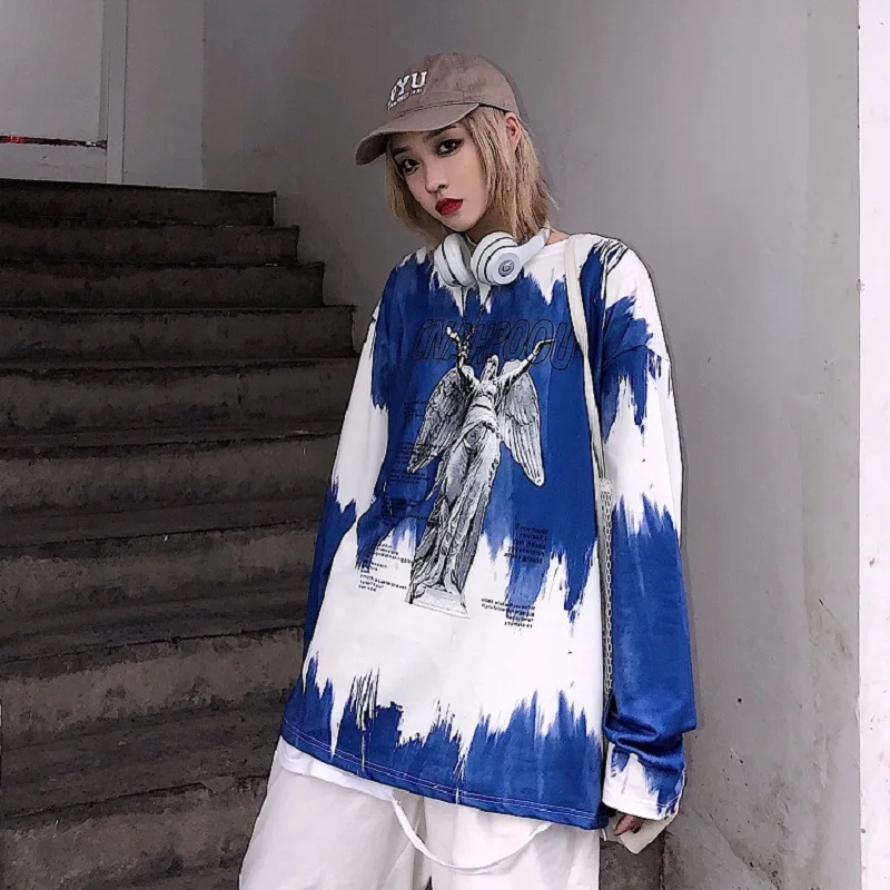 Осень Корея ulzzang Харадзюку улица Винтаж BF tie-dye Ангел печати o-образным вырезом пуловер свободная повседневная женская футболка с длинными рукавами