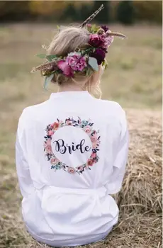 

lace satin floral wreath bridal robe custom hen weekend initial dressing gown maid of honor gifts flower girl silk kimono robes