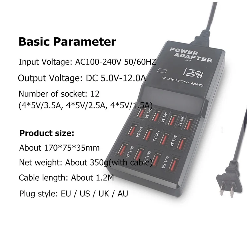 Зарядное устройство USB Multi US EU AU UK Plug 12 портов 5v Max 3.5A Быстрый USB настольный адаптер источника питания для Iphone samsung планшета ноутбука