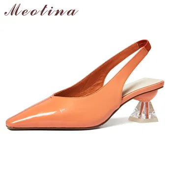 

Meotina Real Leather High Heel Pumps Slingbacks Women Shoes Square Toe Crystal Strange Style Heels Footwear Female Summer Orange