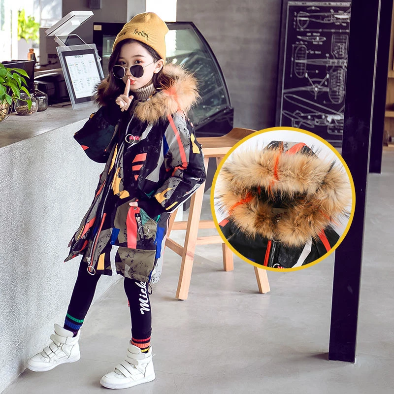

2019 Children's Fur Collar Girls Coat Autumn Winter Down Jacket For Teenage Warm Hooded Thick Cotton-Padded Kids Clothe 4-14Year