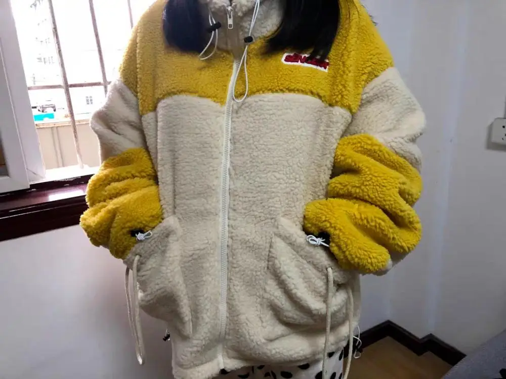 yellow parkas MUMUZI, женские парки из овечьего меха, длинные рукава, свободные, хит, цвет, флис, теплые пальто, женские, свободные, термо, Искусственная овчина, верхняя одежда - Цвет: yellow parkas