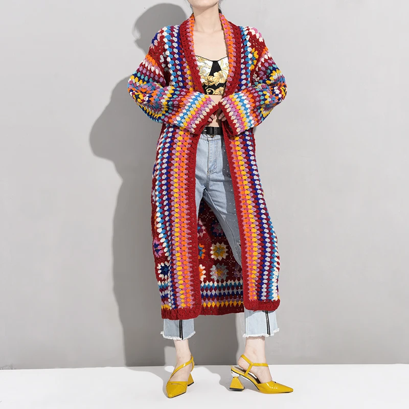

LANMREM 2019 New Turn-down Collar Full Sleeves Knits Autumn And Winter Contrast Colors Cardigan Wool Jacket Sweater WC44403