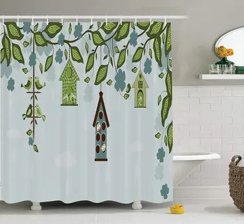

Flying Birds Decor Collection, Birds Sitting in Cages Hanged on Elegant Floral Tree Branches Peace Blossom Decor , Polyester