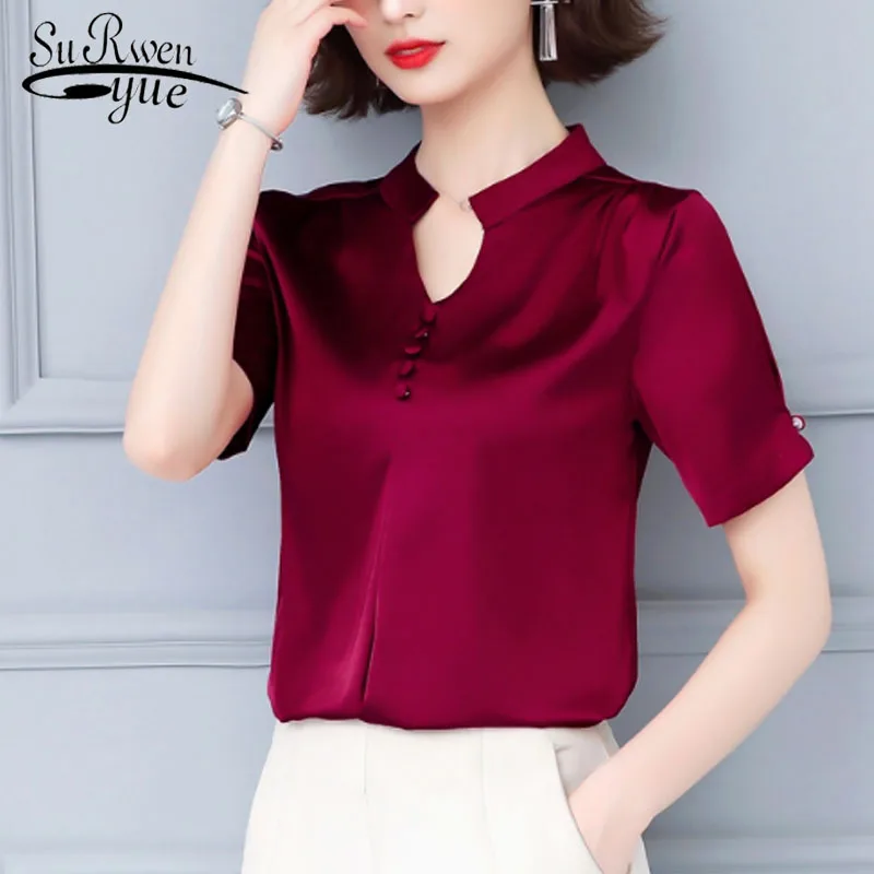 

2019 Summer Fashion Elegant Ladies Tops Short Sleeve Casual V-neck Women Tops Solid Office Lady Button Women Clothing 5379 50