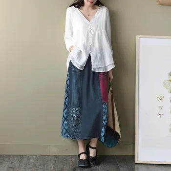

Summer Autumn Skirt Women Elastic Waist Retro All-match Skirt 2020 New Casual Female Spliced pocket Print Loose Skirt
