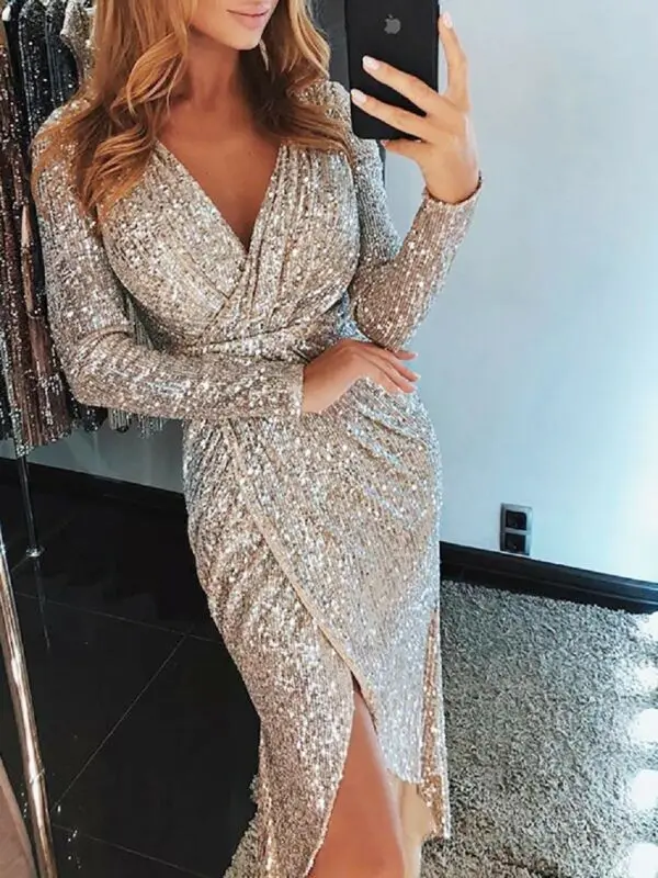 New Fashion Sexy Women Long Sleeve V Neck Glitter Sequin Evening Club Ball Gown Split Wrap Dress Bodycon Party Maxi Slim Dress