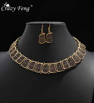 

Crazy Feng Vintage Antique Gold Choker Necklaces Drop Earrings Set For Women Big Statement Jewelry Sets Accessories Gifts