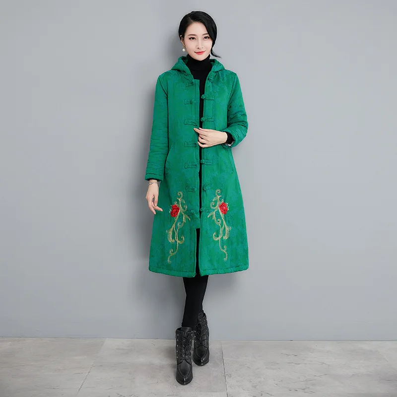 

Winter Style Ethnic-Style Large Size Jacquard Cotton Linen Industrial Embroidery Mid-length Hooded Frog Warm Cotton-padded Cloth