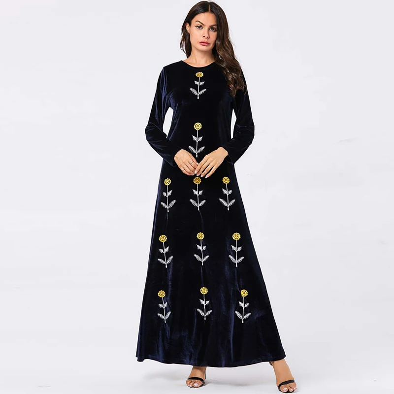Vestidos плюс размер Длинное Макси Цветочная вышивка бархатное платье женские платья Sukienki ropa mujer Robe Longue Femme Elbise