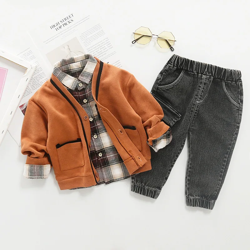 

Toddler Boys Clothes 2019 Autumn Winter Boys Clothing Gentleman Cardigan+Plaid Shirt+Pants 3pcs Outfits Suit Children Clothing
