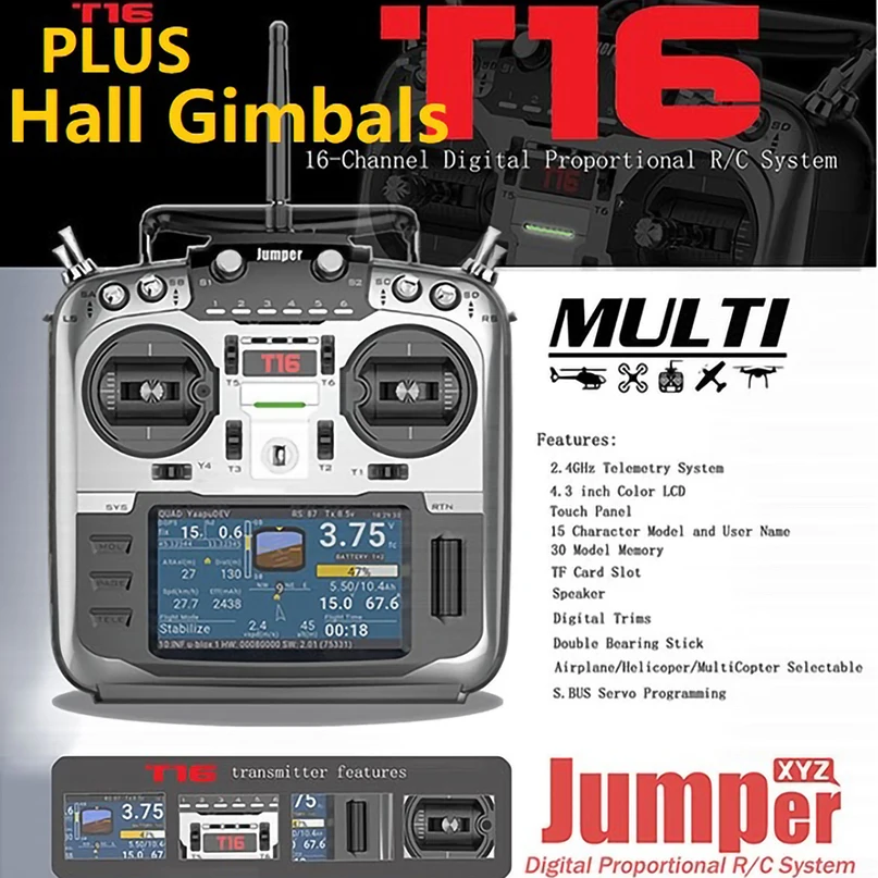 Jumper T16 Pro/T16 Plus Hall Gimbal с открытым исходным кодом многосетольный радиопередатчик JP4-in-1 радиочастотным модулем 2,4G 16CH 4," lcd