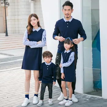 

Family Matching Outfits Spring Autumn Mom And Daughter Fake Two-piece Dress Dad Son Sweaters Tshirt Children Long Shirts