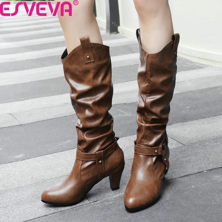 

ESVEVA 2020 PU Leather Buckle Round Toe Concise Knee High Boots Autumn Winter Fashion Square Heel Slip on Women Shoes Size 34-43
