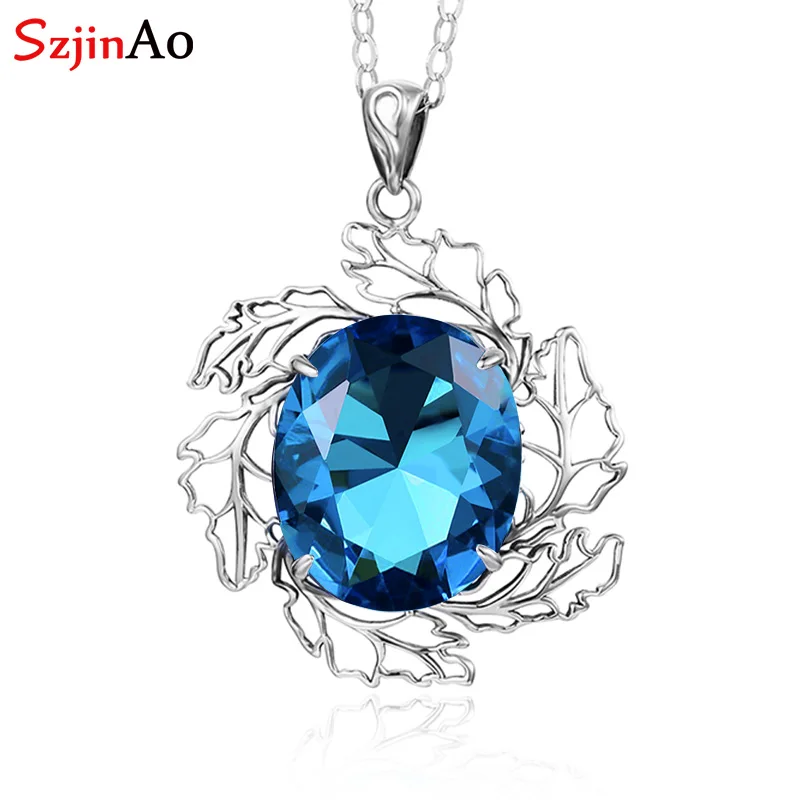 

SzjinAo Fashion Round Aquamarine Pendant Solid 925 Sterling Silver Fine jewelry For Women Unique March Birthstone Pendants