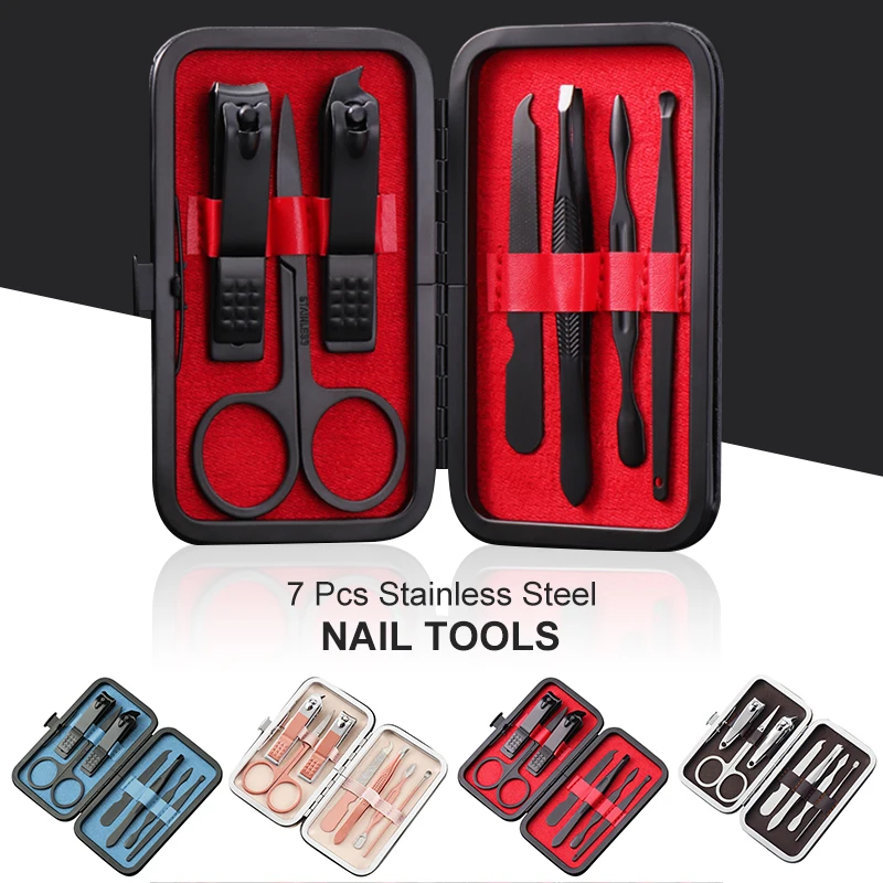 

TOP 4 COLORS 7 Pcs Stainless Steel Nail Clipper Cutter Trimmer Ear Pick Grooming Kit Manicure Pedicure Tweezer Nail Tools Set