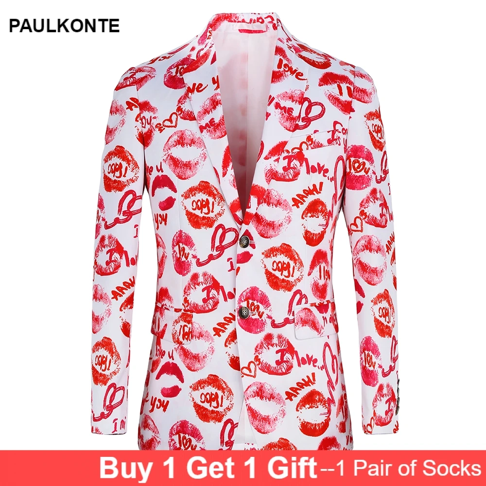 PAULKONTE Lip Print Mostly Male Blazer Night Club Party Jacket For Men High Quality Fashion Slim Fit  Business Man's Jacket