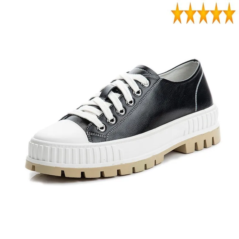 

Casual Lace Up Leather Women Low Cut Shallow Antiskid Flats Platform Shoes Classic Black White Outside Joggers Sneakers