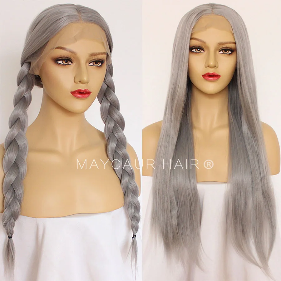 Maycaur Grey Long Straight Synthetic Lace Front Wigs Heat Resistant Natural Hair Wigs For Black Women (1)