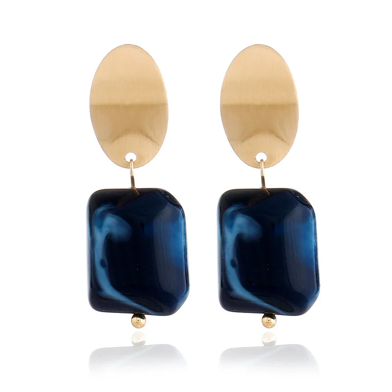 New Fashion Brushed Gold Color Deep Blue Resin Pendant Statement Copper Drop Earrings for Women Girls Party Jewelry | Украшения и