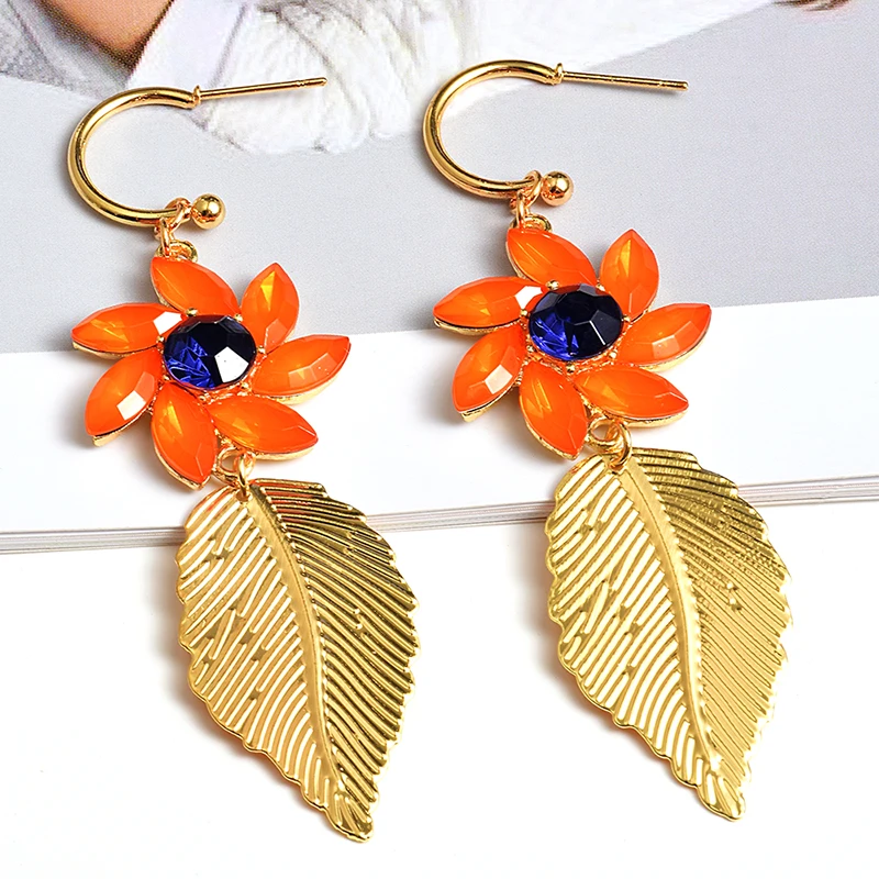 

New Arrival Fashion Metal Leaf Earring High-Quality Crystals Flower Long Drop Earring Wholesale Jewelry Accessories For Women