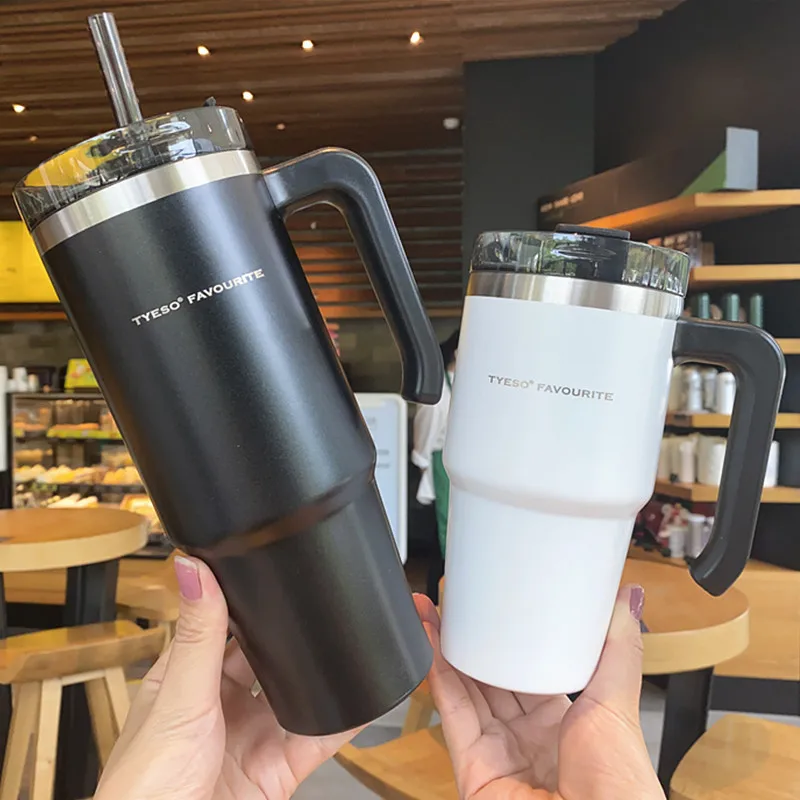 Creative Double Stainless Steel Coffee Mug Fashion Portable With Handle Car Ice Mugs Vacuum Flask Thermos Bottle Straw | Дом и сад