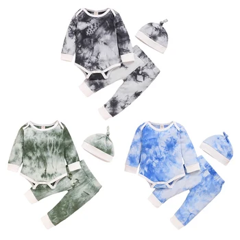 

0-24M Newborn Infant Clothing Baby Boys Tie-Dye Rompers+Pants+ Hat Toddler Boys Tie-Dye 3pcs Clothes Sets Hot