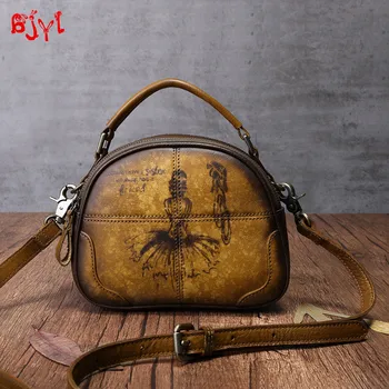 

Genuine Leather Women's Bag New Wild Messenger Bag Multi-compartment Shoulder Bag Female Handmade Shell Small Round Bags Vintage