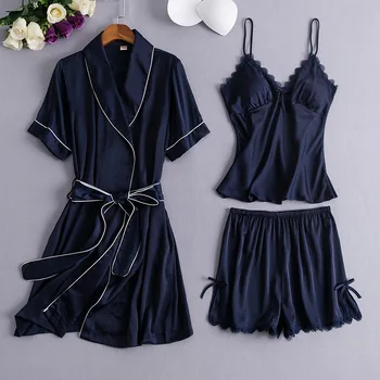 

Kimono Robe Gown Lounge V-Neck Pijamas Women Burgundy 3pcs Sleepwear Sleep Set Soft Nightwear Casual Home Clothes Pajamas Suit