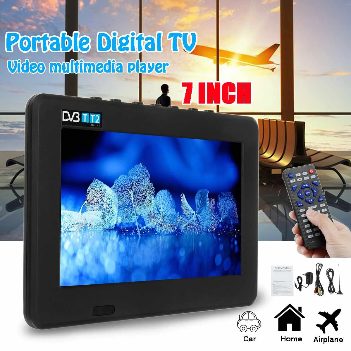 7 дюймов цифрового телевидения Портативный ТВ плеер 1080P HD TFT светодиодный DVB-T2 12V MP4 MP3 USB 2,0 AC/DC