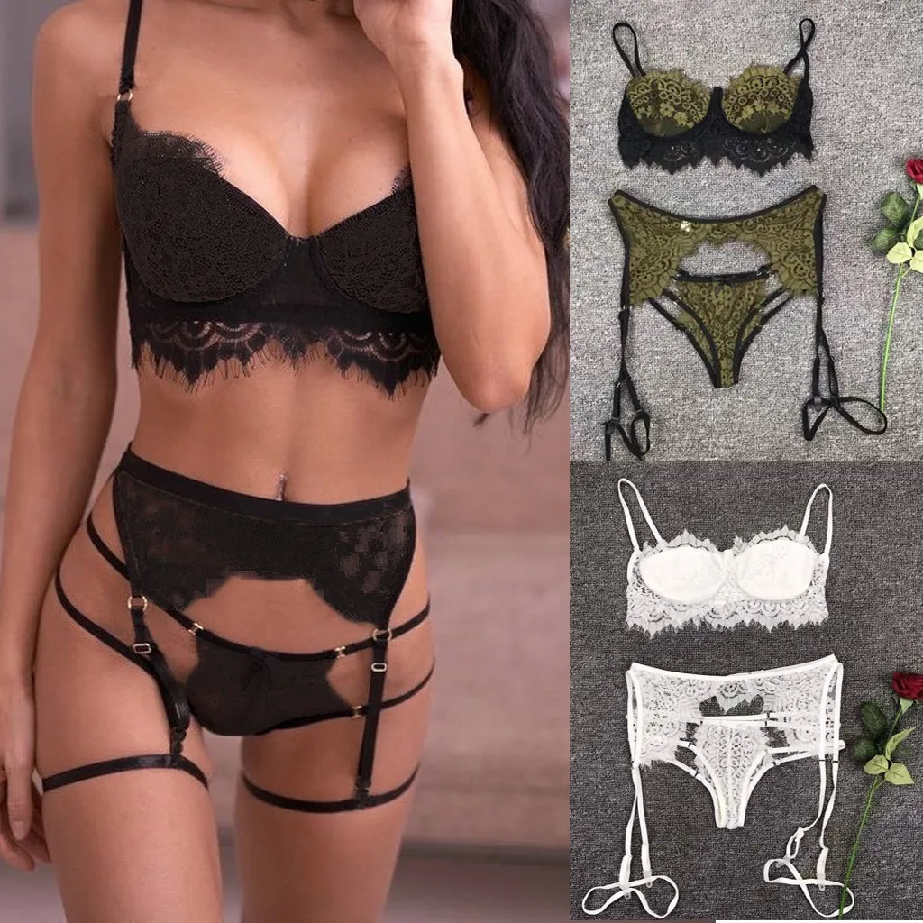 

Three Pieces Lingerie Women Lace Sexy Lingerie Straps Top and Briefs with Garter One Set Sexy Solid Underwear Lingerie S-XL
