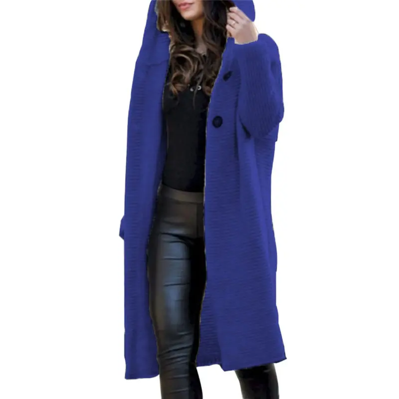 Новинка, женский кардиган, вязаные свитера с капюшоном, большой размер, одноцветная, длинный рукав, Повседневная Женская куртка, осень и зима, женские пальто - Цвет: Blue