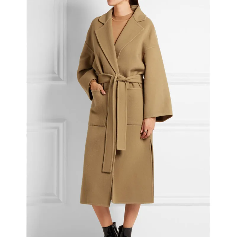 Wollen jas vrouwen lange maxi camel jas winter Wol Blends jas runway merk warm 100% wollen jas outfit zwart hoge kwaliteit