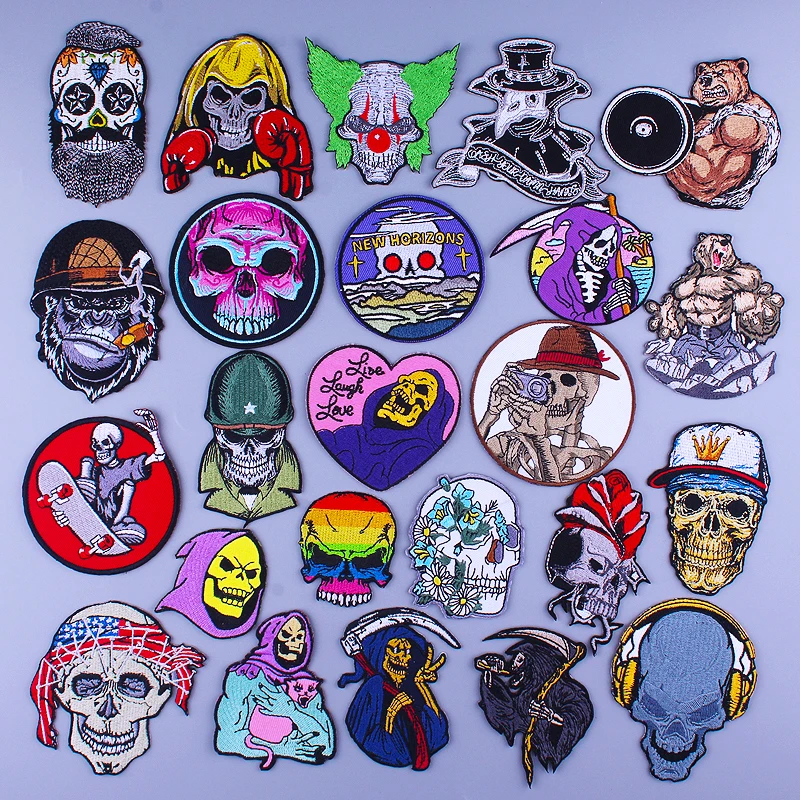 

Pulaqi Skull Patches Hippie Stickers On Clothes Iron On Patches For Clothing DIY Punk Bear Embroidered Patches Stripes For Jeans