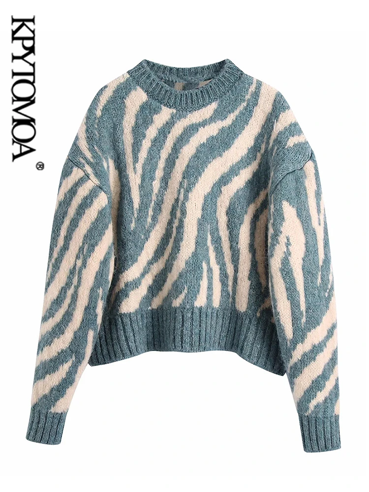 KPYTOMOA Women Fashion Jacquard Animal Print Loose Crop Knit Sweater Vintage O Neck Long Sleeve Female Pullovers Chic Tops christmas sweatshirt