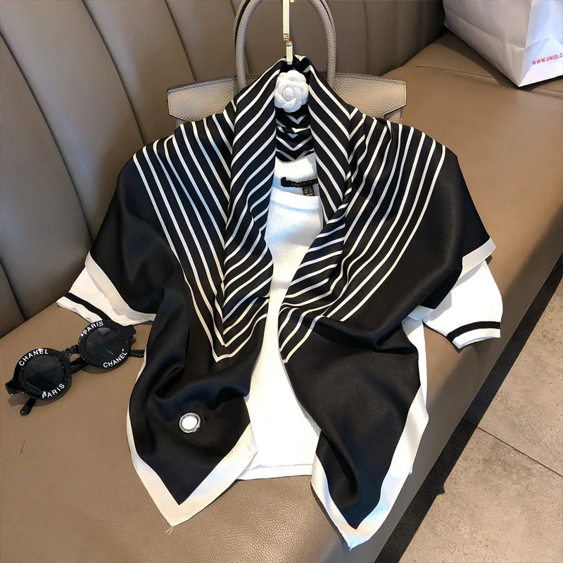 Европейский стиль полоса 90*90 см Элитный брендовый Шелковый квадратные шарфы для женщин черный/белый большой квадратный шарф дизайн шейный платок обертывание