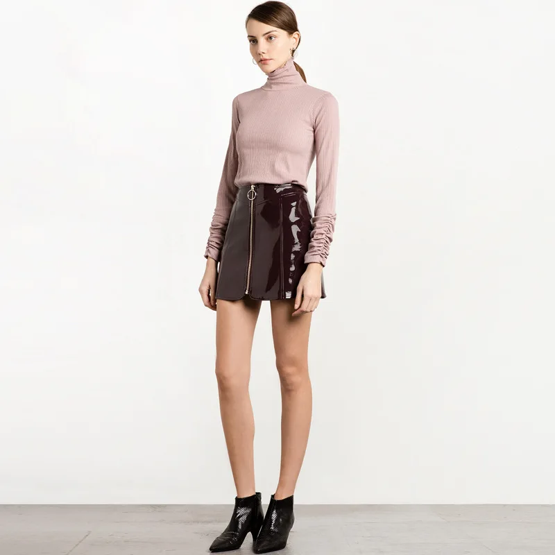 

Haoduoyi2020 Spring Clothing New Style Europe And America Fashion Solid Color Patent Leather Metal Zipper Skirt Many Clothing