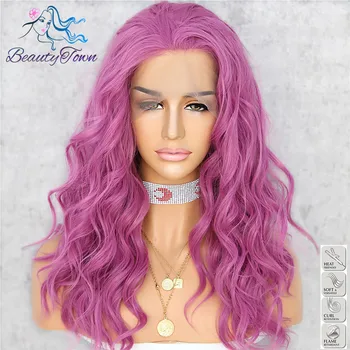 

BeautyTown Purple Pink Color Short Hair Heat Resistant Hand Tied Makeup Daily Blogger Party Gift Women Synthetic Lace Front Wig